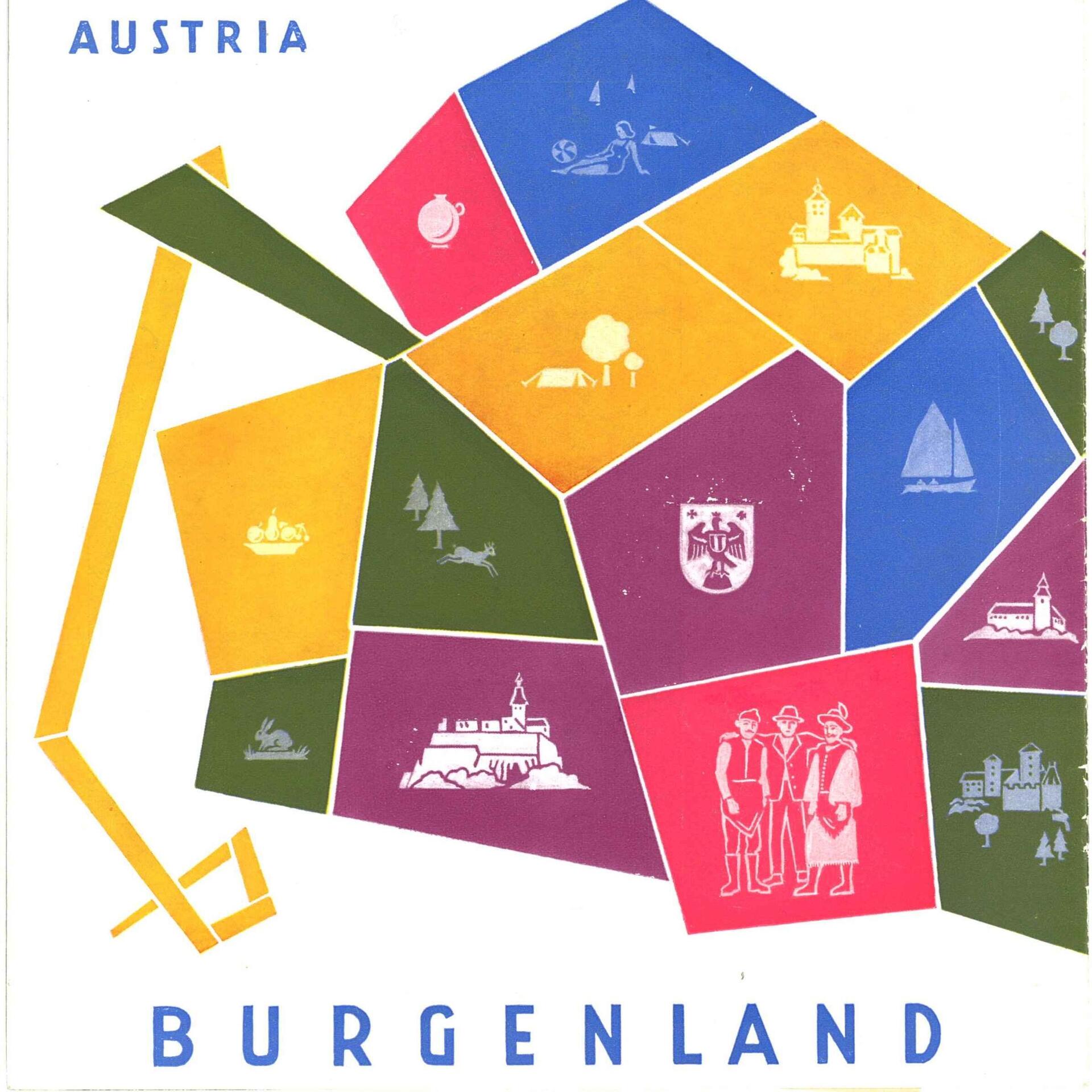 Tourismusfolder aus dem Jahr 1957 (Quelle: Burgenländische Landesbibliothek) Tourismusfolder von 1957: Burgenland als bunte Landkarte mit Symbolen für Burgen, Wein, Landwirtschaft und Segelsport